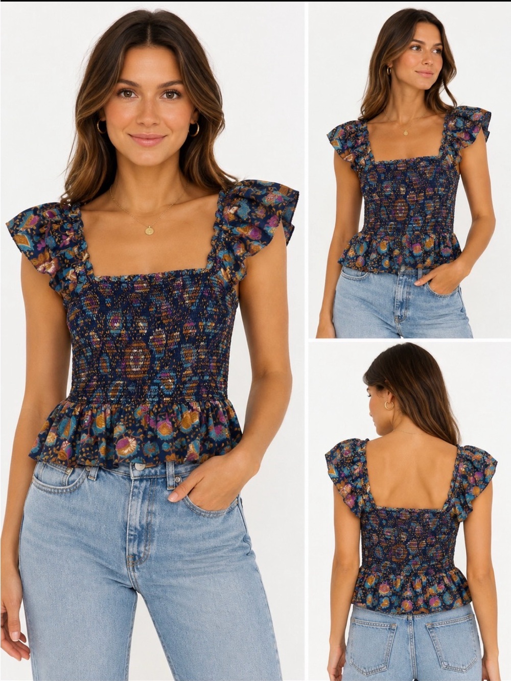 House of Harlow 1960 Navy Floral Smocked Peplum Top XS
